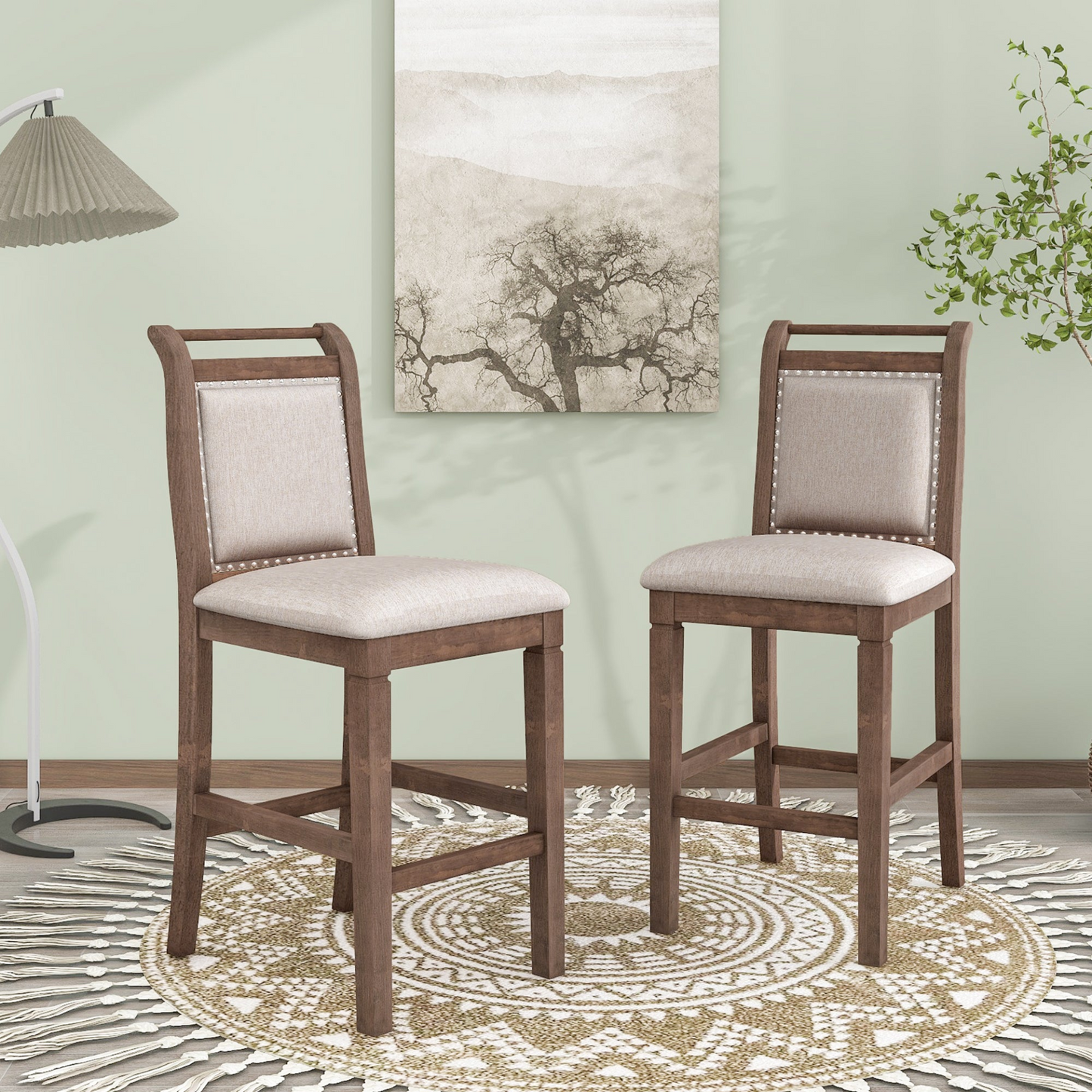 3-Piece Wood Counter Height Drop Leaf  Dining Table Set with 2 Upholstered Dining Chairs for Small Place, Brown