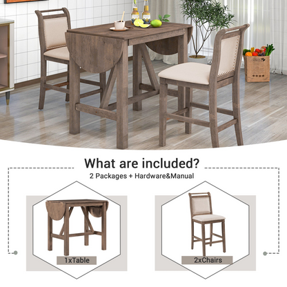 3-Piece Wood Counter Height Drop Leaf  Dining Table Set with 2 Upholstered Dining Chairs for Small Place, Brown