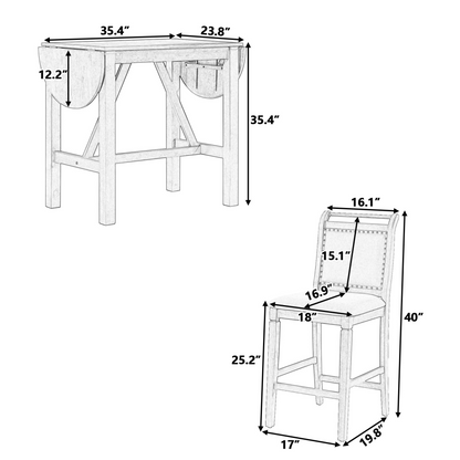 3-Piece Wood Counter Height Drop Leaf  Dining Table Set with 2 Upholstered Dining Chairs for Small Place, Brown