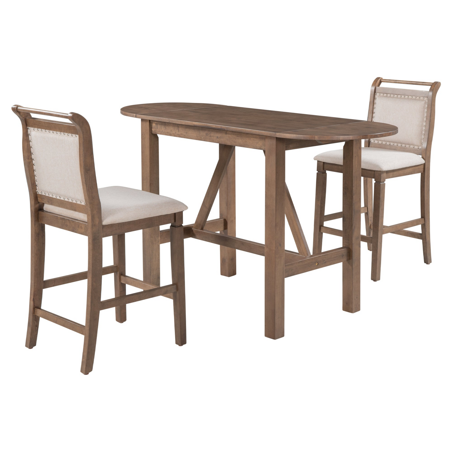 3-Piece Wood Counter Height Drop Leaf  Dining Table Set with 2 Upholstered Dining Chairs for Small Place, Brown