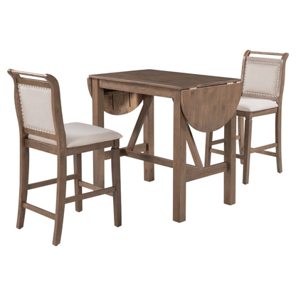 3-Piece Wood Counter Height Drop Leaf  Dining Table Set with 2 Upholstered Dining Chairs for Small Place, Brown