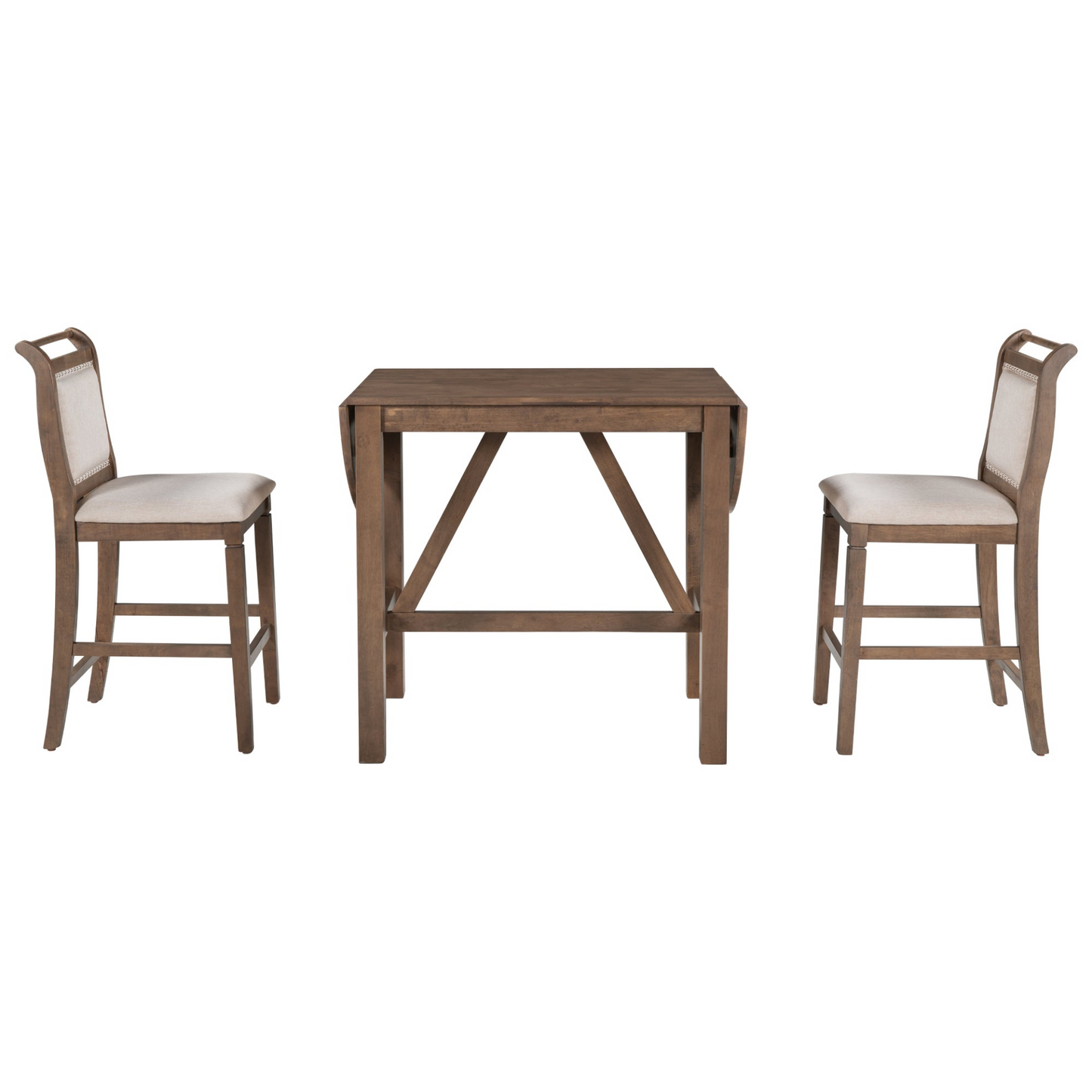 3-Piece Wood Counter Height Drop Leaf  Dining Table Set with 2 Upholstered Dining Chairs for Small Place, Brown