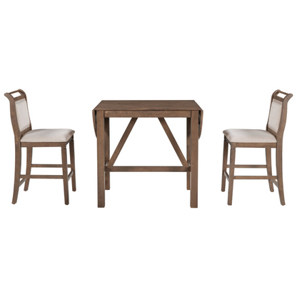 3-Piece Wood Counter Height Drop Leaf  Dining Table Set with 2 Upholstered Dining Chairs for Small Place, Brown