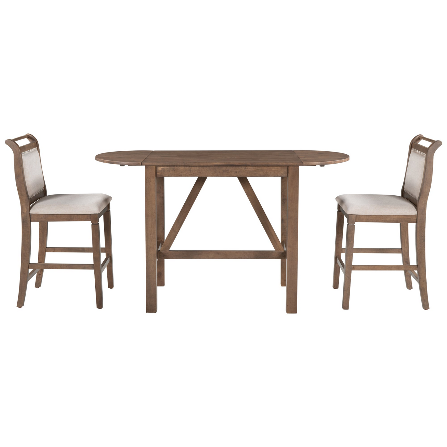 3-Piece Wood Counter Height Drop Leaf  Dining Table Set with 2 Upholstered Dining Chairs for Small Place, Brown