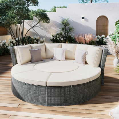 Patio 5-Piece Round Rattan Sectional Sofa Set All-Weather PE Wicker Sunbed Daybed with Round Liftable Table and Washable Cushions, Beige