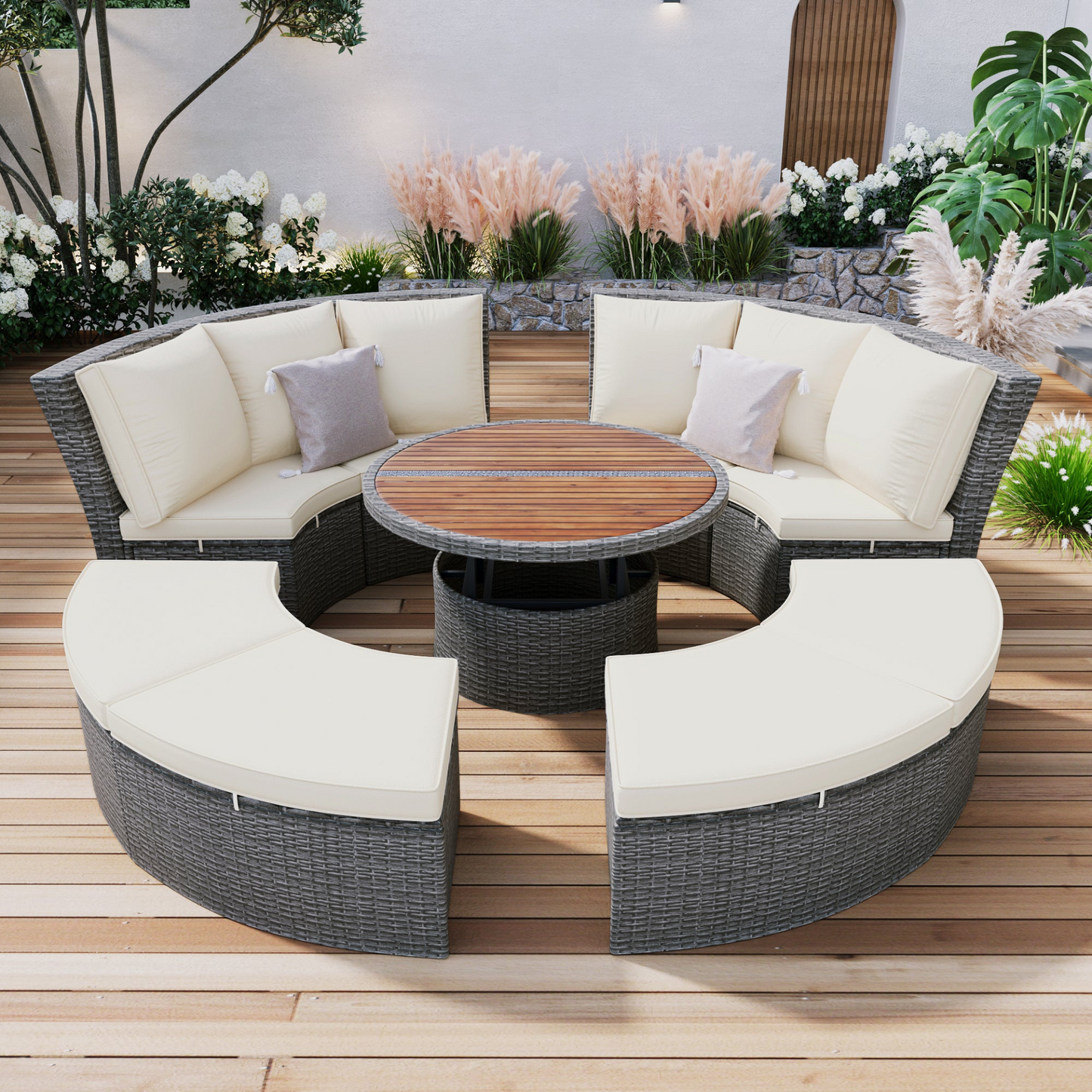 Patio 5-Piece Round Rattan Sectional Sofa Set All-Weather PE Wicker Sunbed Daybed with Round Liftable Table and Washable Cushions, Beige