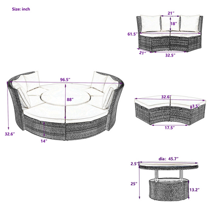 Patio 5-Piece Round Rattan Sectional Sofa Set All-Weather PE Wicker Sunbed Daybed with Round Liftable Table and Washable Cushions, Beige