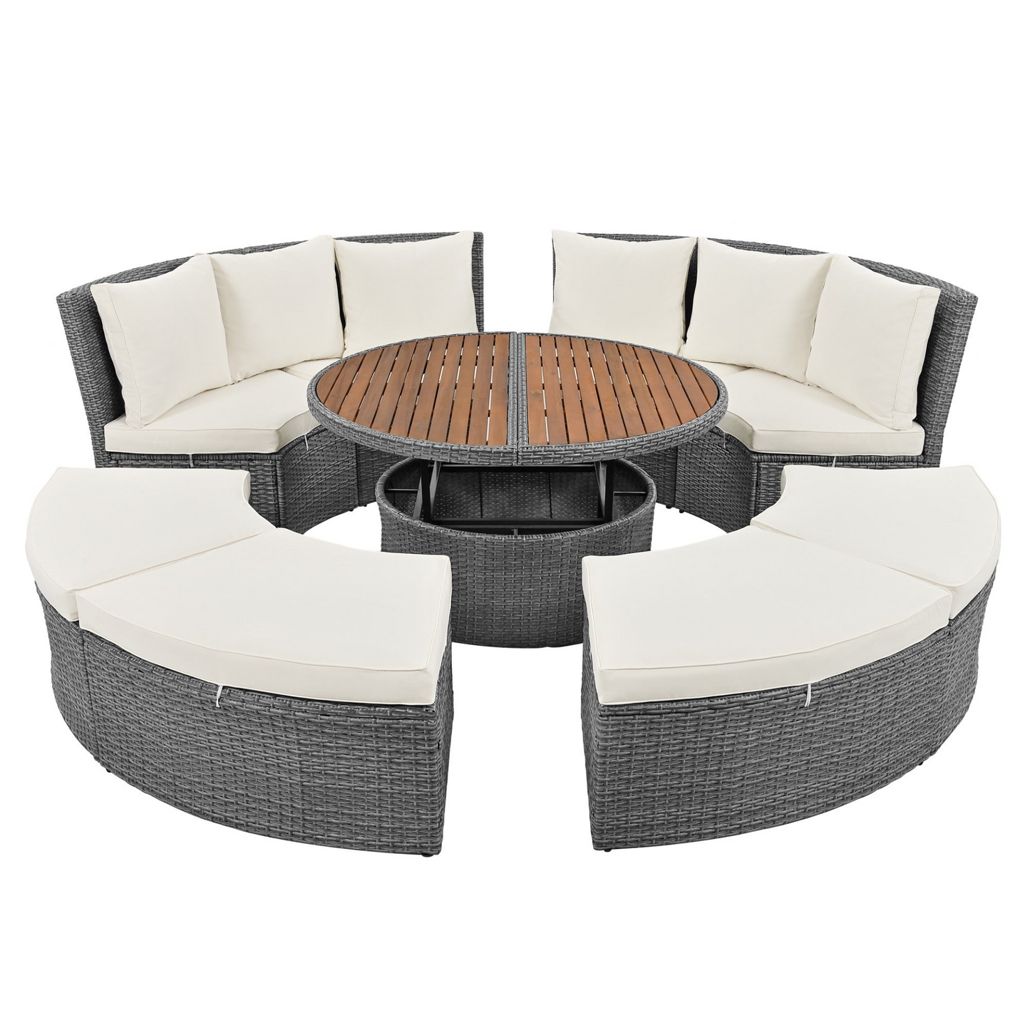 Patio 5-Piece Round Rattan Sectional Sofa Set All-Weather PE Wicker Sunbed Daybed with Round Liftable Table and Washable Cushions, Beige