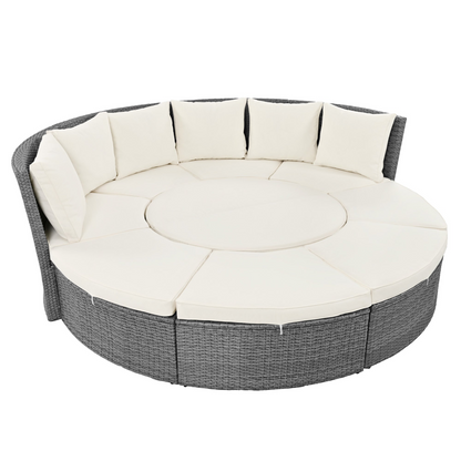 Patio 5-Piece Round Rattan Sectional Sofa Set All-Weather PE Wicker Sunbed Daybed with Round Liftable Table and Washable Cushions, Beige