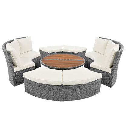 Patio 5-Piece Round Rattan Sectional Sofa Set All-Weather PE Wicker Sunbed Daybed with Round Liftable Table and Washable Cushions, Beige