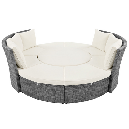 Patio 5-Piece Round Rattan Sectional Sofa Set All-Weather PE Wicker Sunbed Daybed with Round Liftable Table and Washable Cushions, Beige