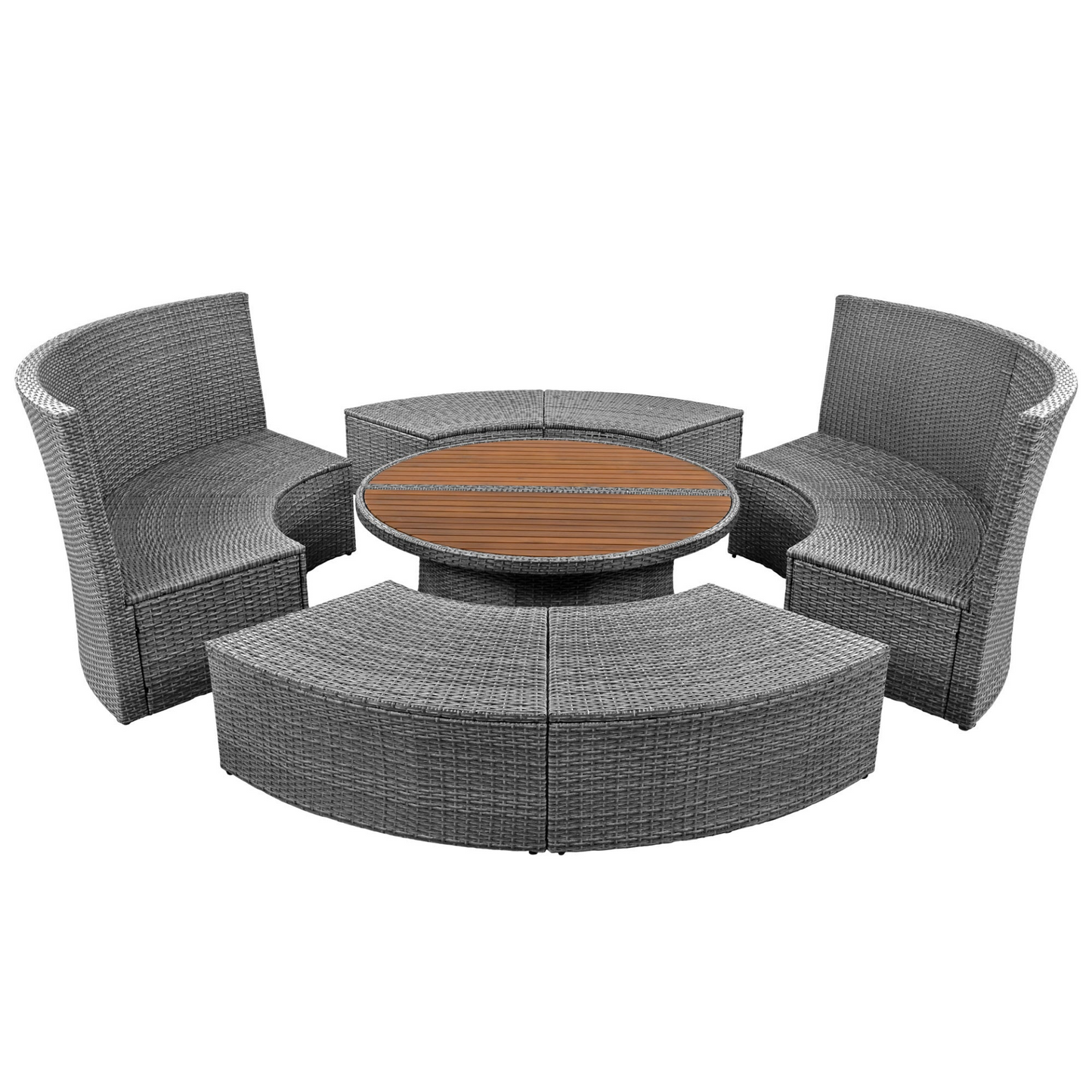 Patio 5-Piece Round Rattan Sectional Sofa Set All-Weather PE Wicker Sunbed Daybed with Round Liftable Table and Washable Cushions, Beige