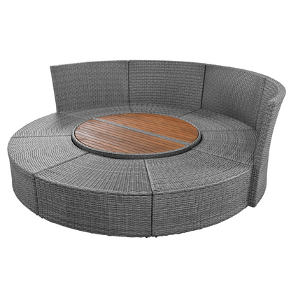 Patio 5-Piece Round Rattan Sectional Sofa Set All-Weather PE Wicker Sunbed Daybed with Round Liftable Table and Washable Cushions, Beige