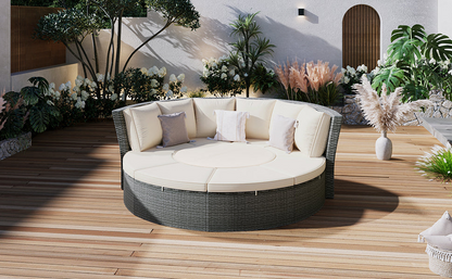 Patio 5-Piece Round Rattan Sectional Sofa Set All-Weather PE Wicker Sunbed Daybed with Round Liftable Table and Washable Cushions, Beige