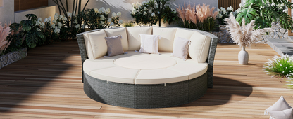 Patio 5-Piece Round Rattan Sectional Sofa Set All-Weather PE Wicker Sunbed Daybed with Round Liftable Table and Washable Cushions, Beige