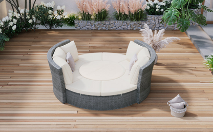 Patio 5-Piece Round Rattan Sectional Sofa Set All-Weather PE Wicker Sunbed Daybed with Round Liftable Table and Washable Cushions, Beige