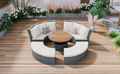 Patio 5-Piece Round Rattan Sectional Sofa Set All-Weather PE Wicker Sunbed Daybed with Round Liftable Table and Washable Cushions, Beige