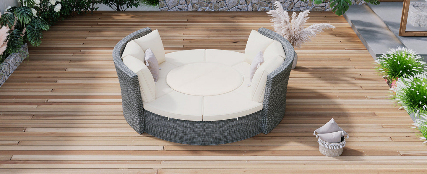 Patio 5-Piece Round Rattan Sectional Sofa Set All-Weather PE Wicker Sunbed Daybed with Round Liftable Table and Washable Cushions, Beige