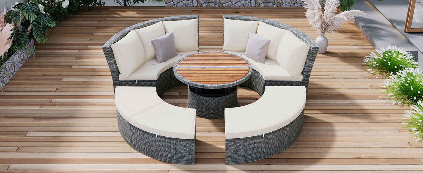 Patio 5-Piece Round Rattan Sectional Sofa Set All-Weather PE Wicker Sunbed Daybed with Round Liftable Table and Washable Cushions, Beige