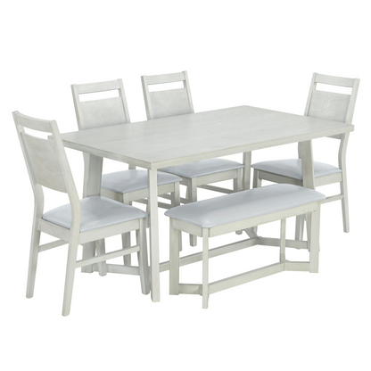 Farmhouse 6-Piece Wood Dining Table Set with 4 Upholstered Chairs and Bench, Gray