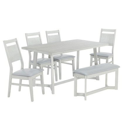 Farmhouse 6-Piece Wood Dining Table Set with 4 Upholstered Chairs and Bench, Gray