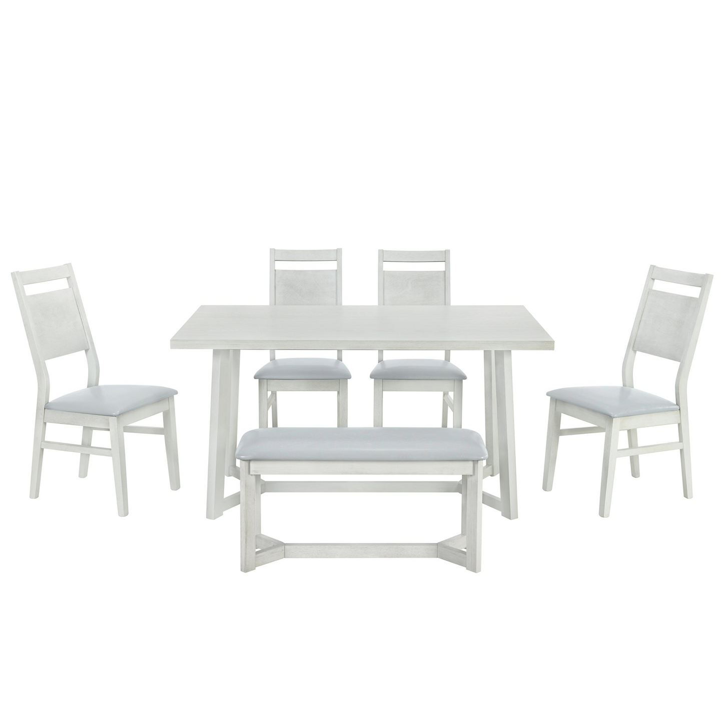 Farmhouse 6-Piece Wood Dining Table Set with 4 Upholstered Chairs and Bench, Gray