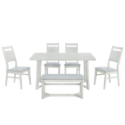 Farmhouse 6-Piece Wood Dining Table Set with 4 Upholstered Chairs and Bench, Gray