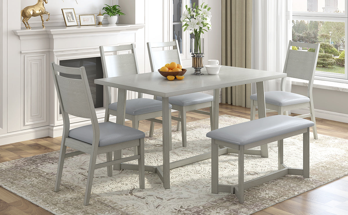 Farmhouse 6-Piece Wood Dining Table Set with 4 Upholstered Chairs and Bench, Gray