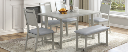 Farmhouse 6-Piece Wood Dining Table Set with 4 Upholstered Chairs and Bench, Gray