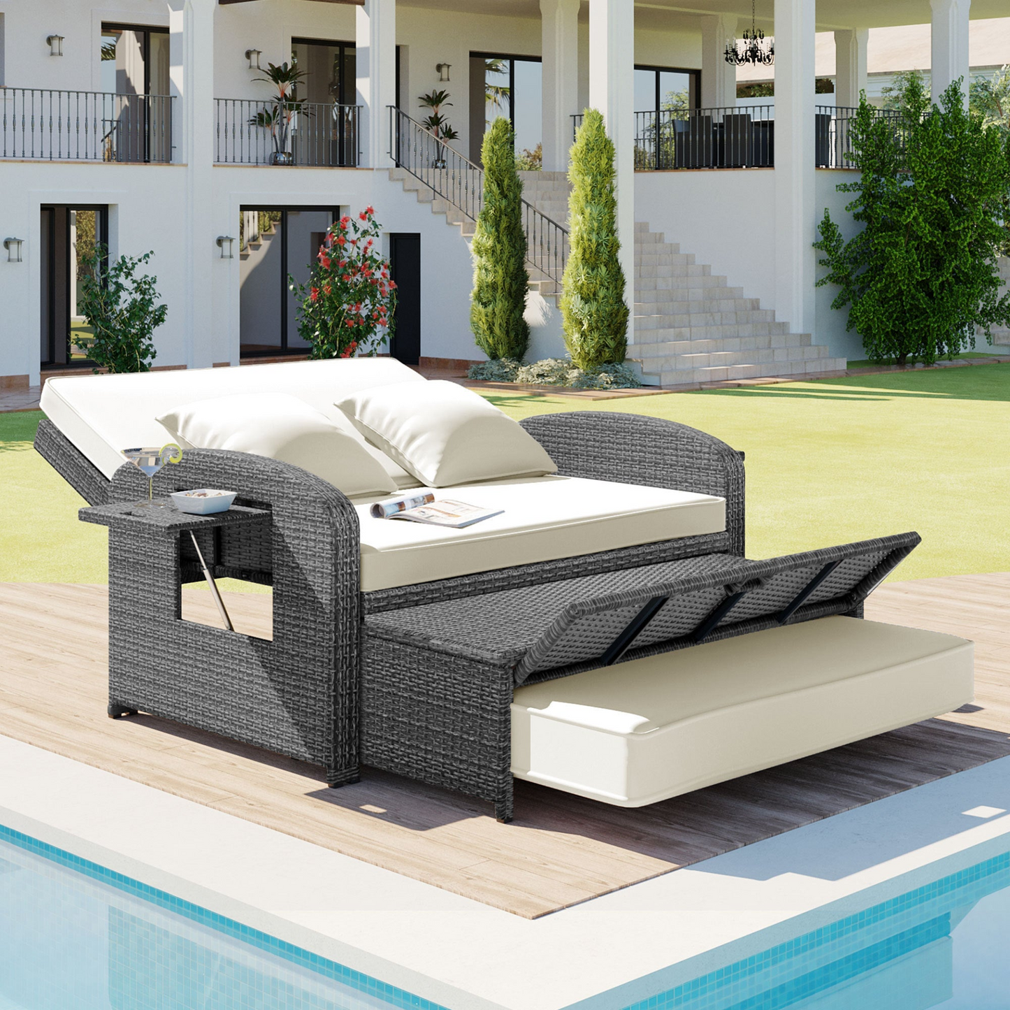 PE Wicker Rattan Double Chaise Lounge - Adjustable Back, Cushions, Free Cover, White