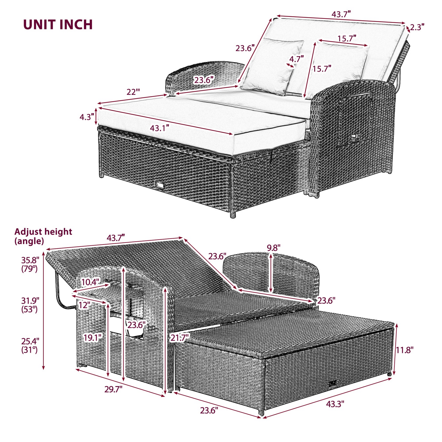 PE Wicker Rattan Double Chaise Lounge - Adjustable Back, Cushions, Free Cover, White