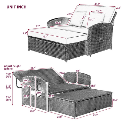 PE Wicker Rattan Double Chaise Lounge - Adjustable Back, Cushions, Free Cover, White