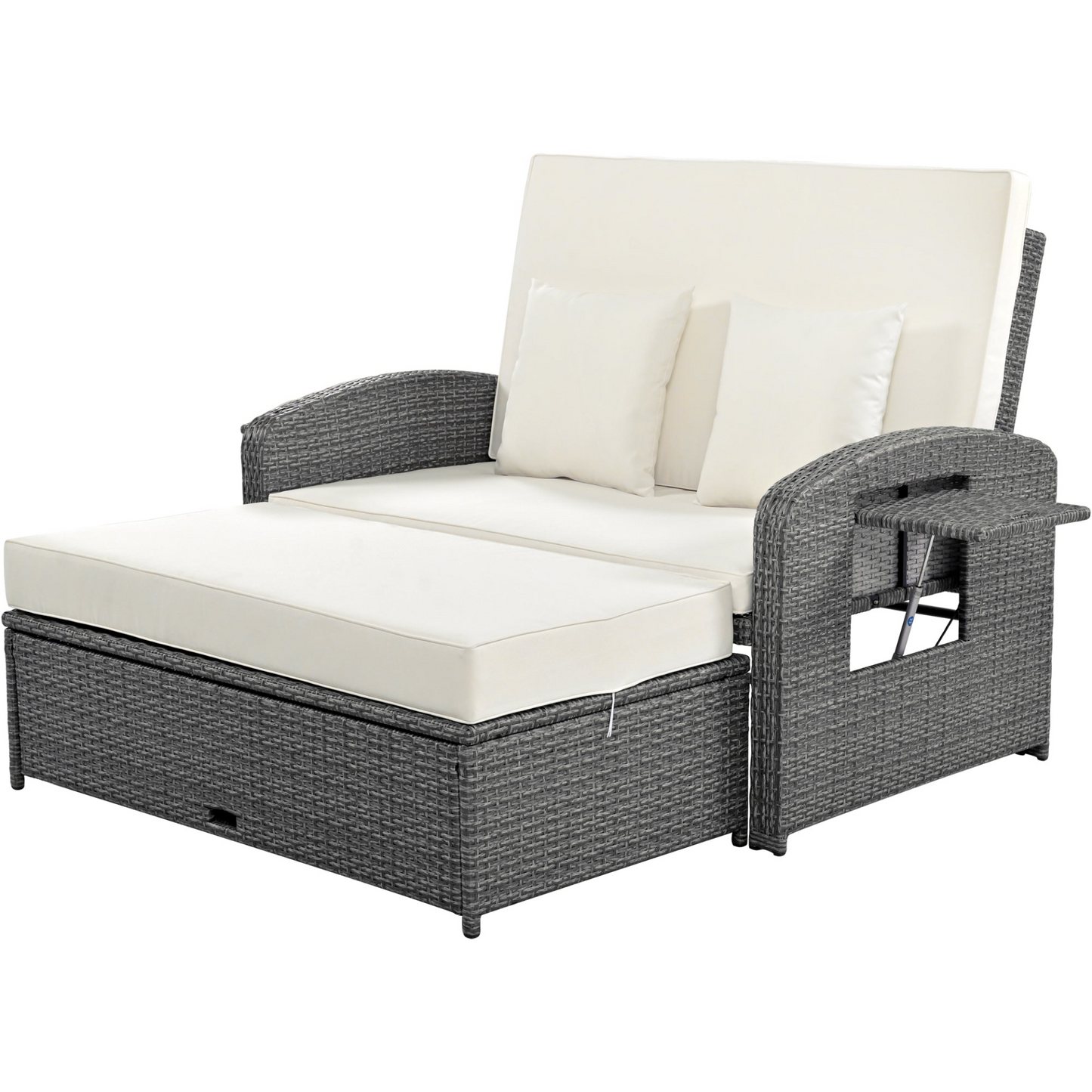 PE Wicker Rattan Double Chaise Lounge - Adjustable Back, Cushions, Free Cover, White