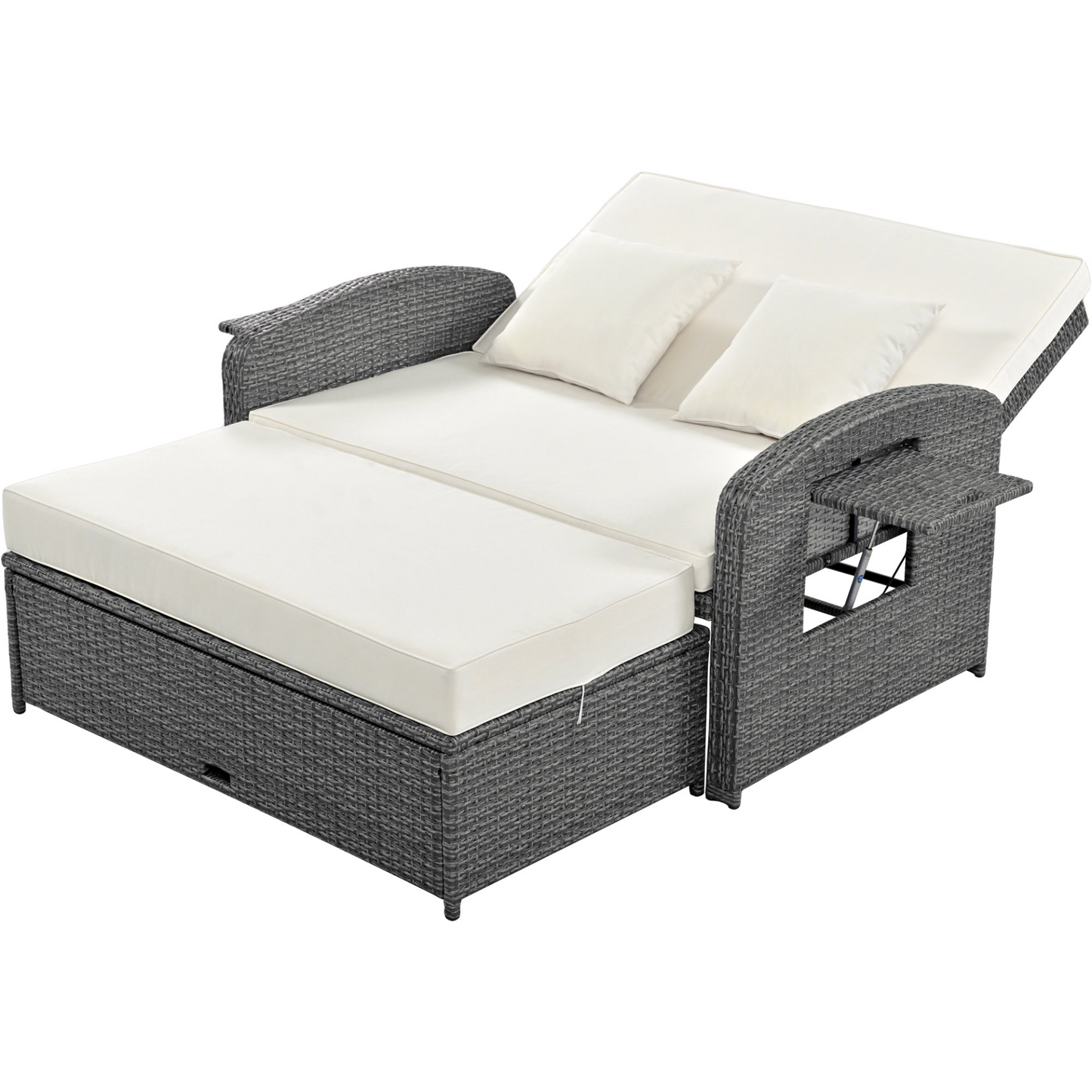 PE Wicker Rattan Double Chaise Lounge - Adjustable Back, Cushions, Free Cover, White