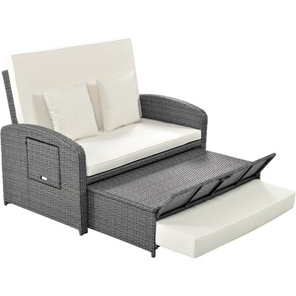 PE Wicker Rattan Double Chaise Lounge - Adjustable Back, Cushions, Free Cover, White