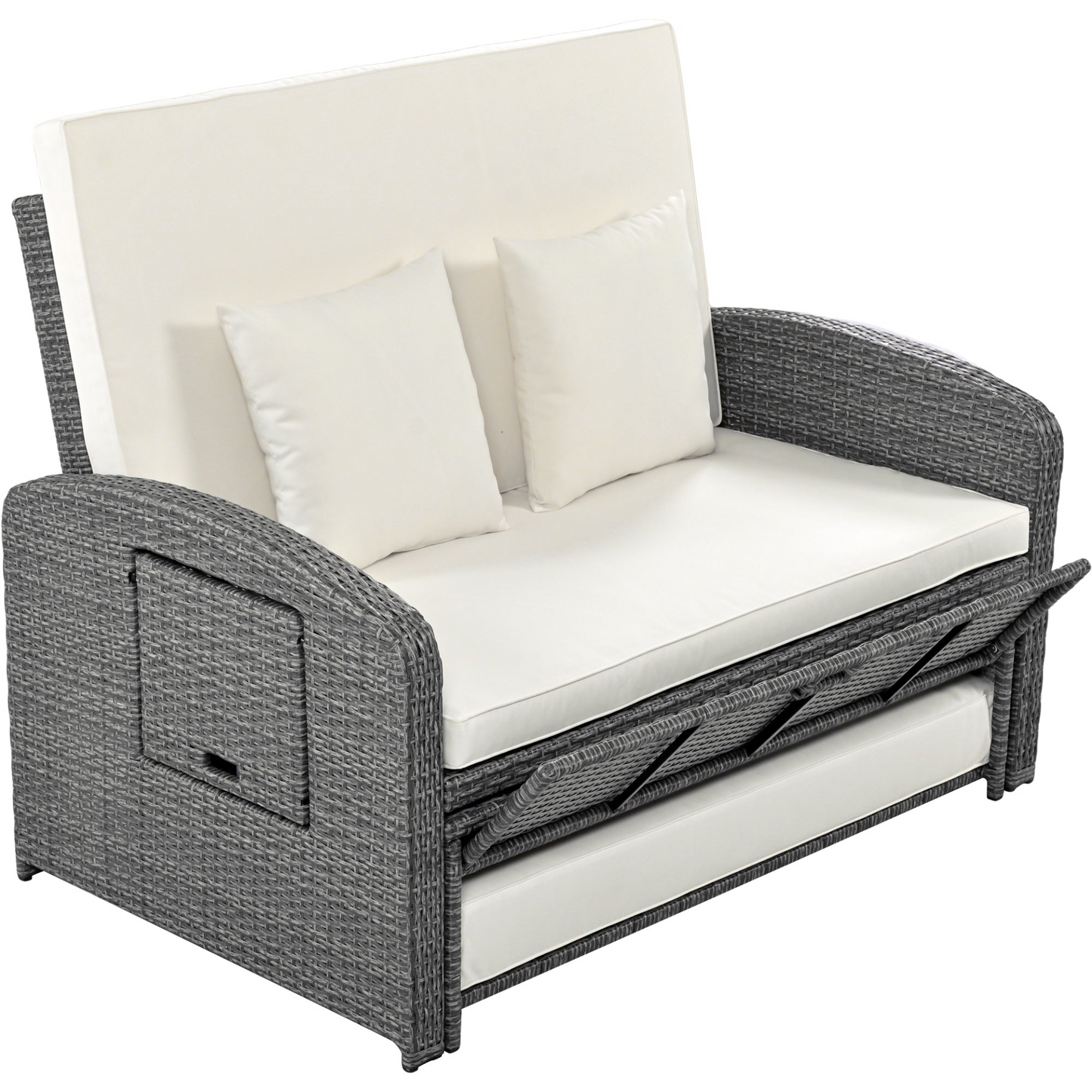 PE Wicker Rattan Double Chaise Lounge - Adjustable Back, Cushions, Free Cover, White