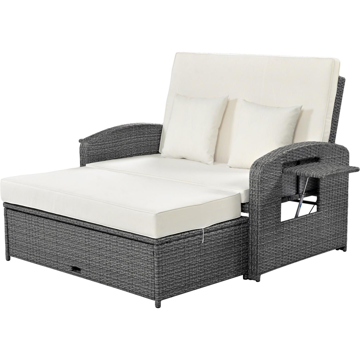 PE Wicker Rattan Double Chaise Lounge - Adjustable Back, Cushions, Free Cover, White