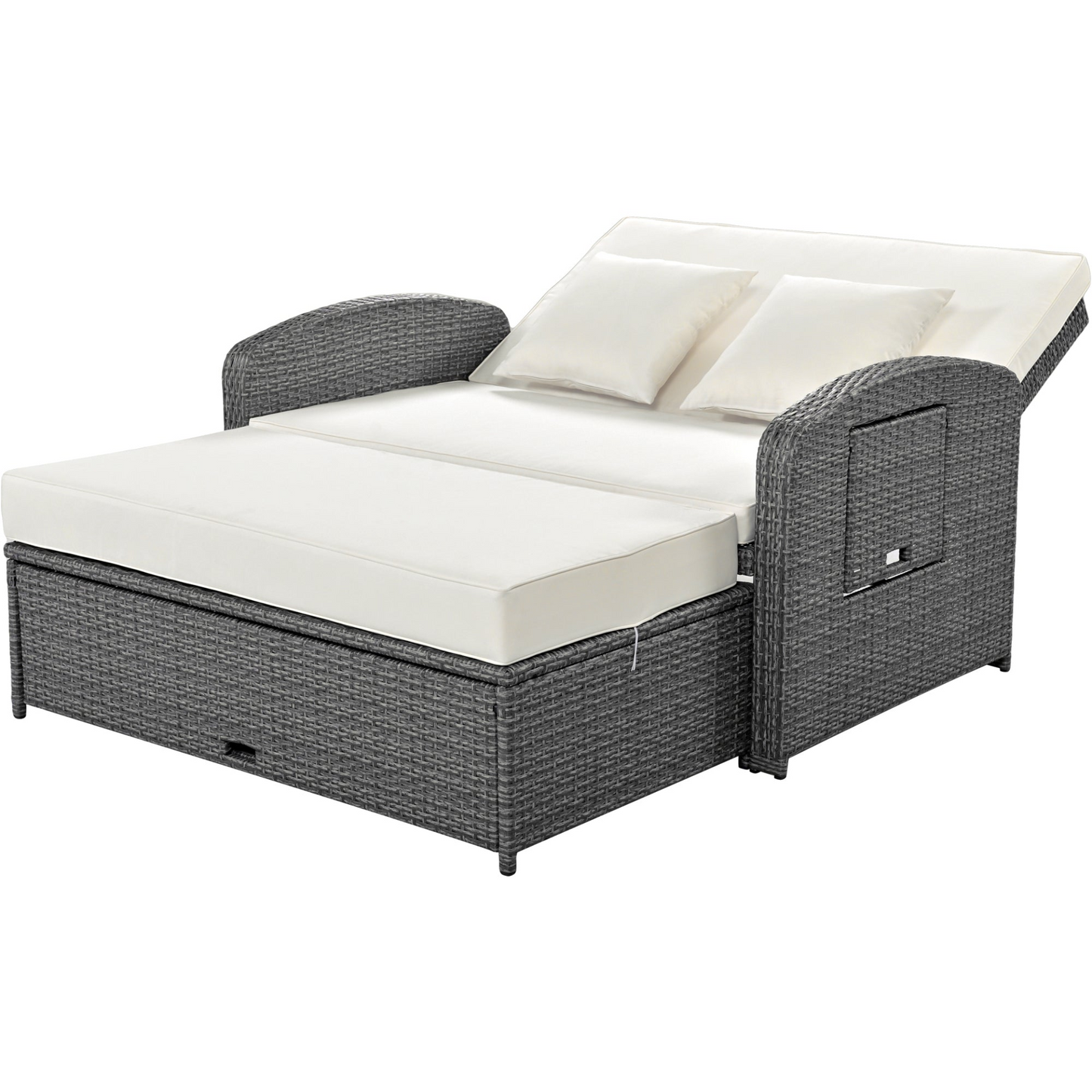 PE Wicker Rattan Double Chaise Lounge - Adjustable Back, Cushions, Free Cover, White