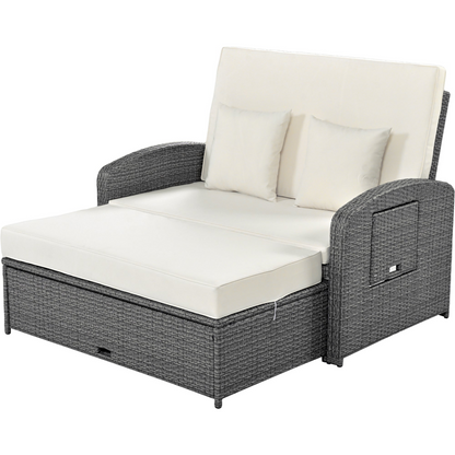 PE Wicker Rattan Double Chaise Lounge - Adjustable Back, Cushions, Free Cover, White