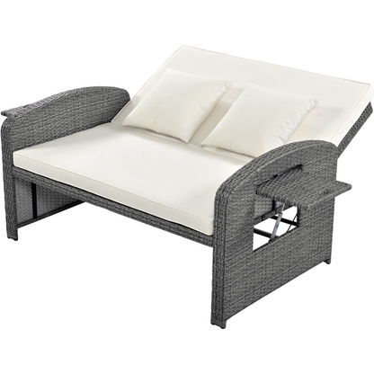 PE Wicker Rattan Double Chaise Lounge - Adjustable Back, Cushions, Free Cover, White