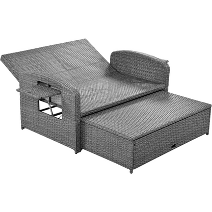 PE Wicker Rattan Double Chaise Lounge - Adjustable Back, Cushions, Free Cover, White