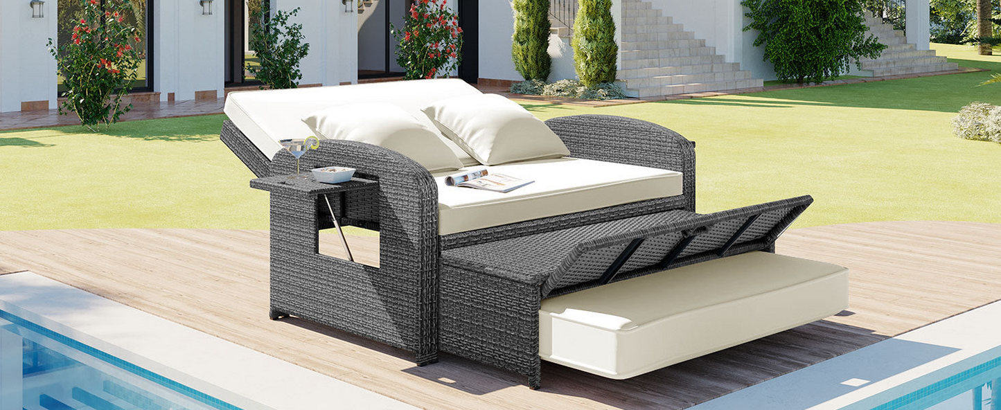 PE Wicker Rattan Double Chaise Lounge - Adjustable Back, Cushions, Free Cover, White