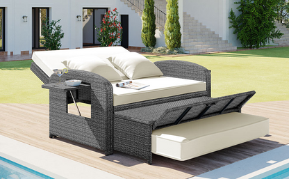 PE Wicker Rattan Double Chaise Lounge - Adjustable Back, Cushions, Free Cover, White