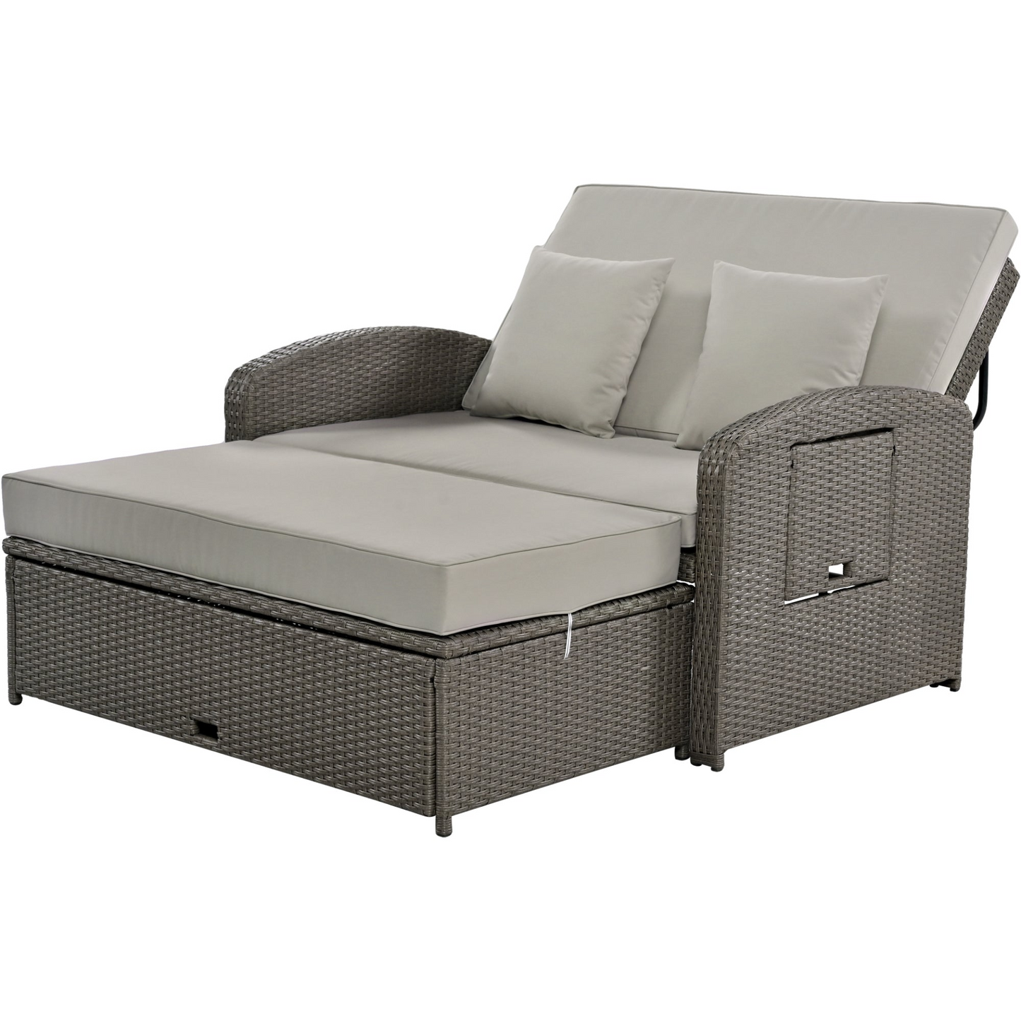 Gray Rattan Double Chaise Lounge with Adjustable Back & Storage - 2 Person Set