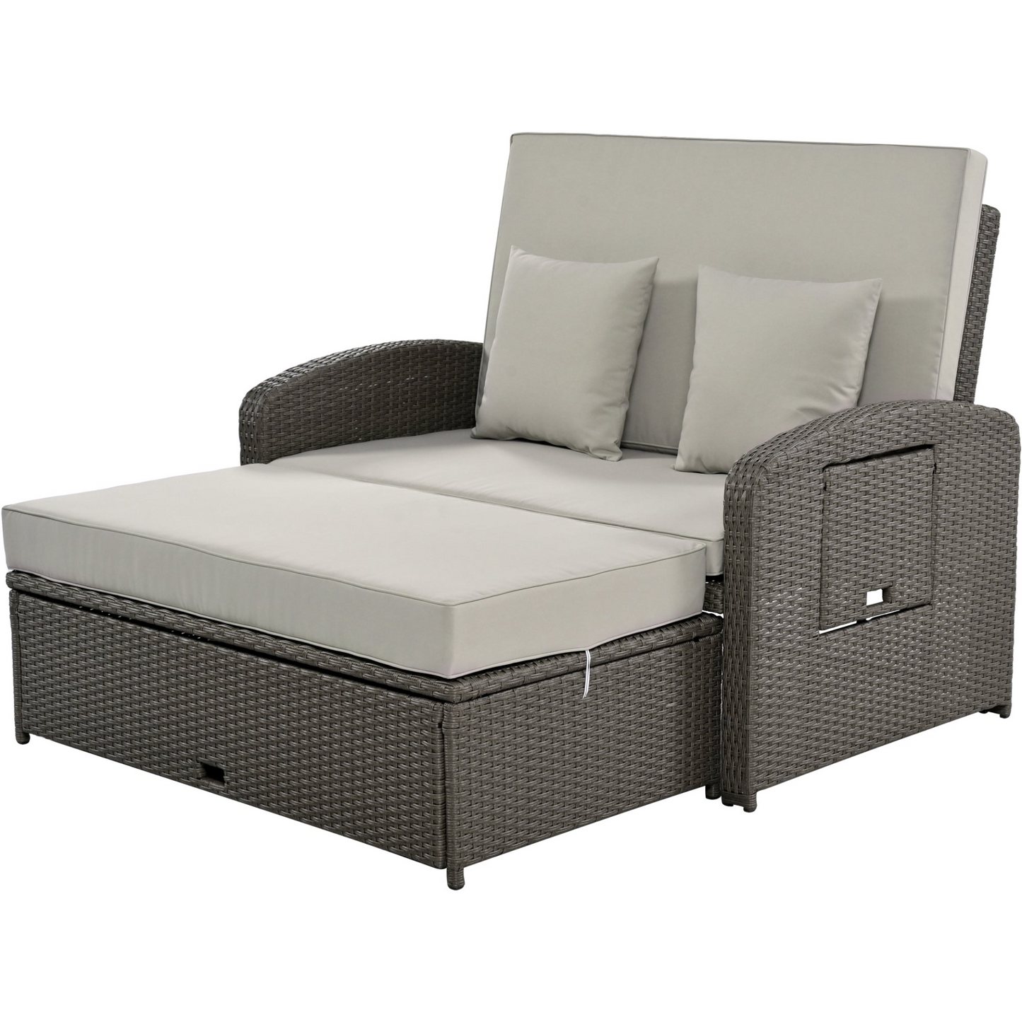 Gray Rattan Double Chaise Lounge with Adjustable Back & Storage - 2 Person Set