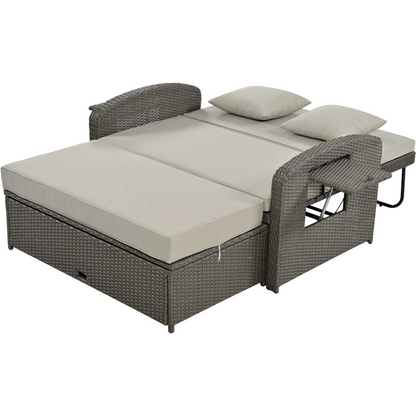 Gray Rattan Double Chaise Lounge with Adjustable Back & Storage - 2 Person Set