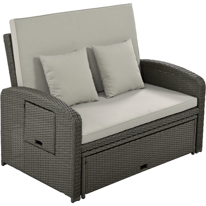 Gray Rattan Double Chaise Lounge with Adjustable Back & Storage - 2 Person Set