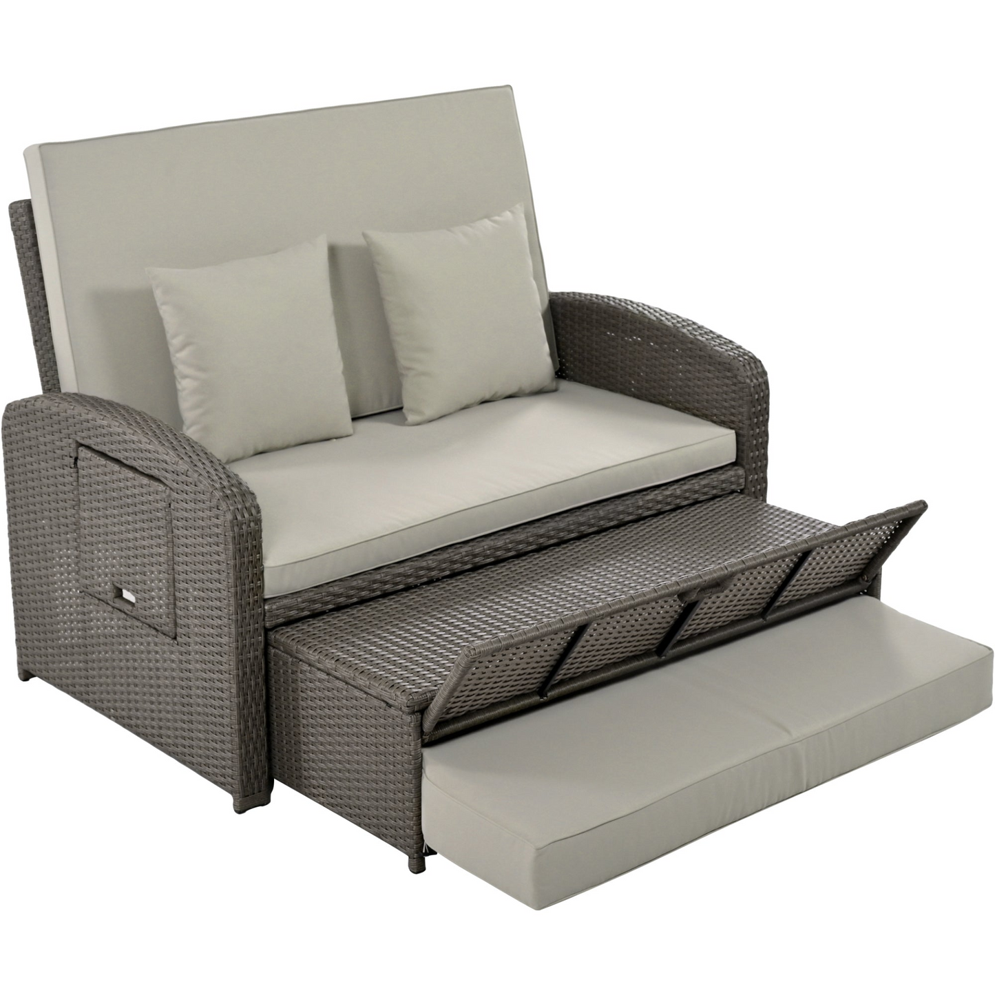 Gray Rattan Double Chaise Lounge with Adjustable Back & Storage - 2 Person Set