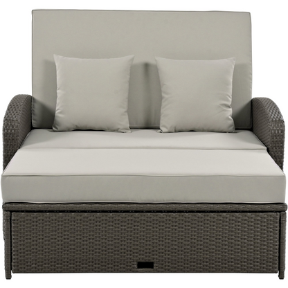 Gray Rattan Double Chaise Lounge with Adjustable Back & Storage - 2 Person Set