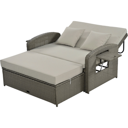 Gray Rattan Double Chaise Lounge with Adjustable Back & Storage - 2 Person Set